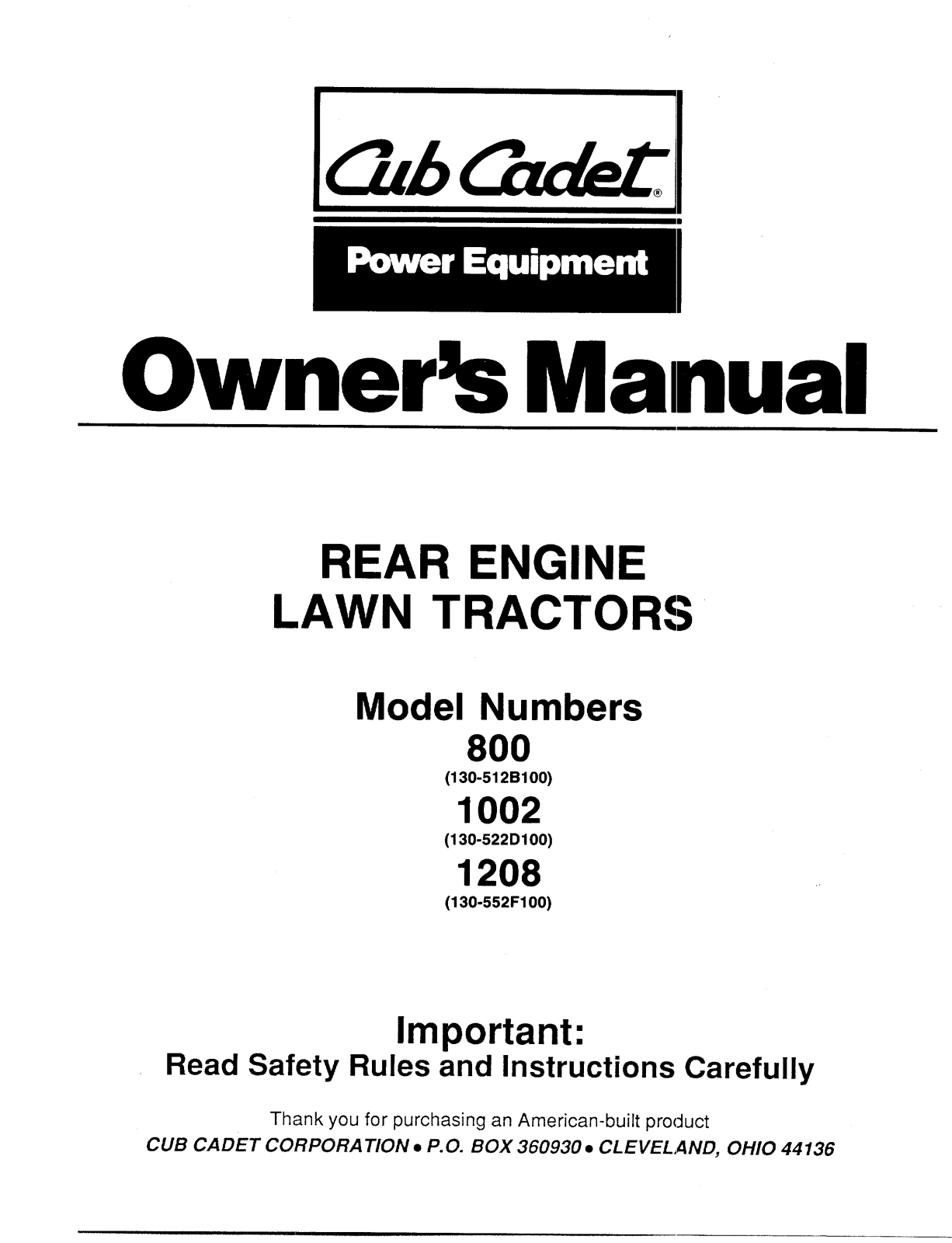 Cub Cadet 1002, 1208, 800 User Manual