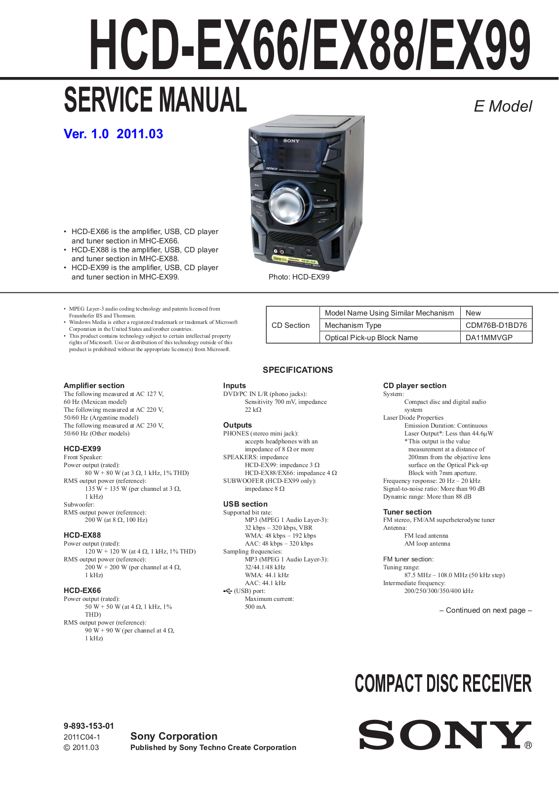 Sony HCD-EX66, HCD-EX88, HCD-EX99 Service Manual