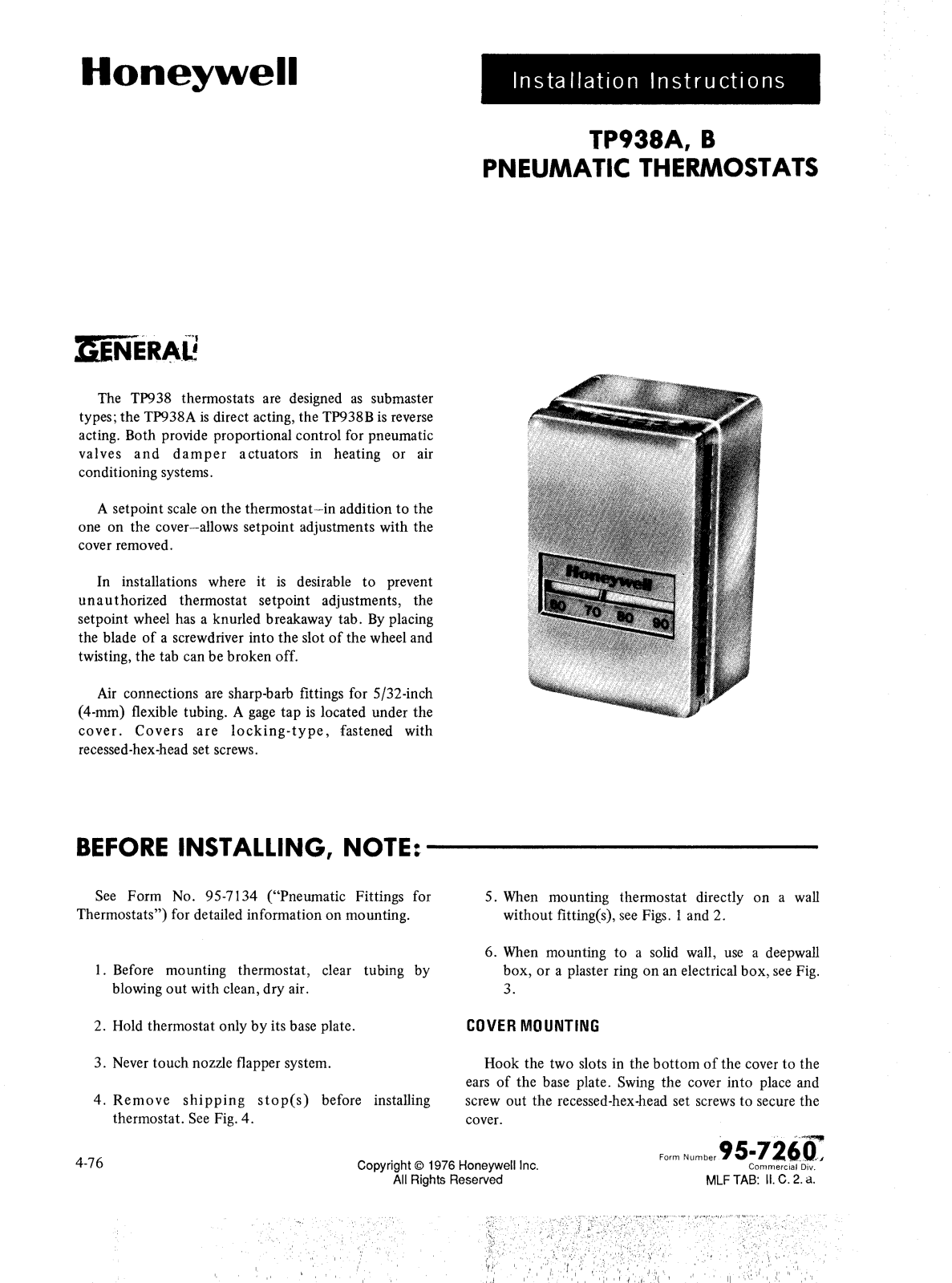 Honeywell TP938B, TP938A Installation Instructions