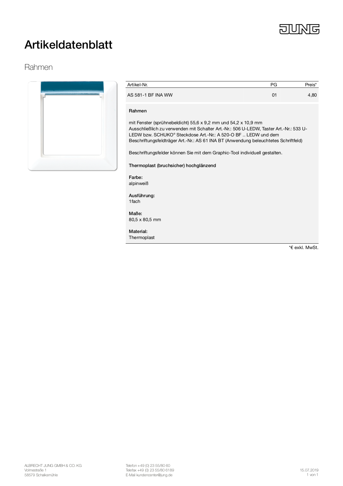 Jung AS 581-1 BF INA WW User Manual