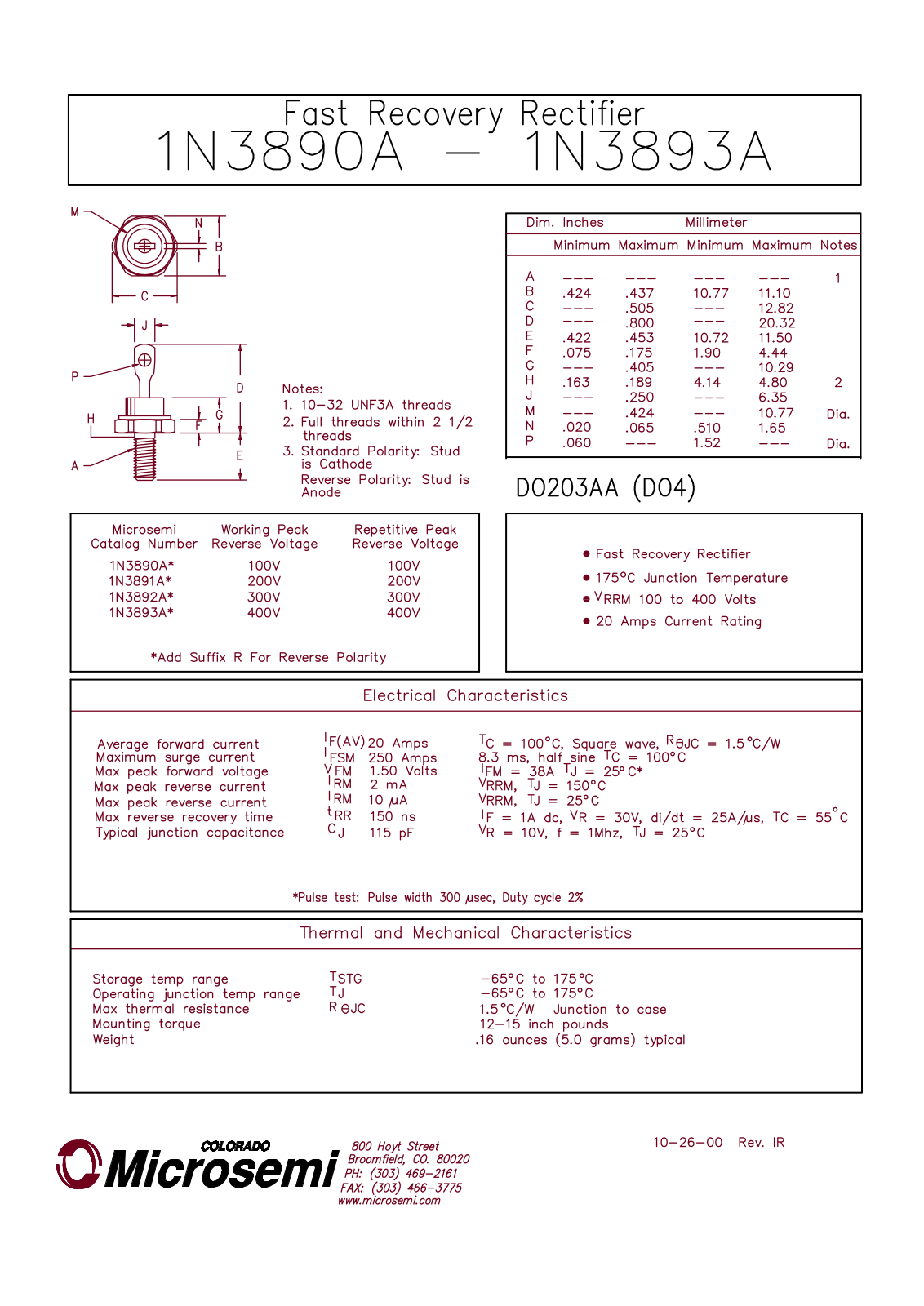 Microsemi Corporation 1N3892AR, 1N3892A Datasheet