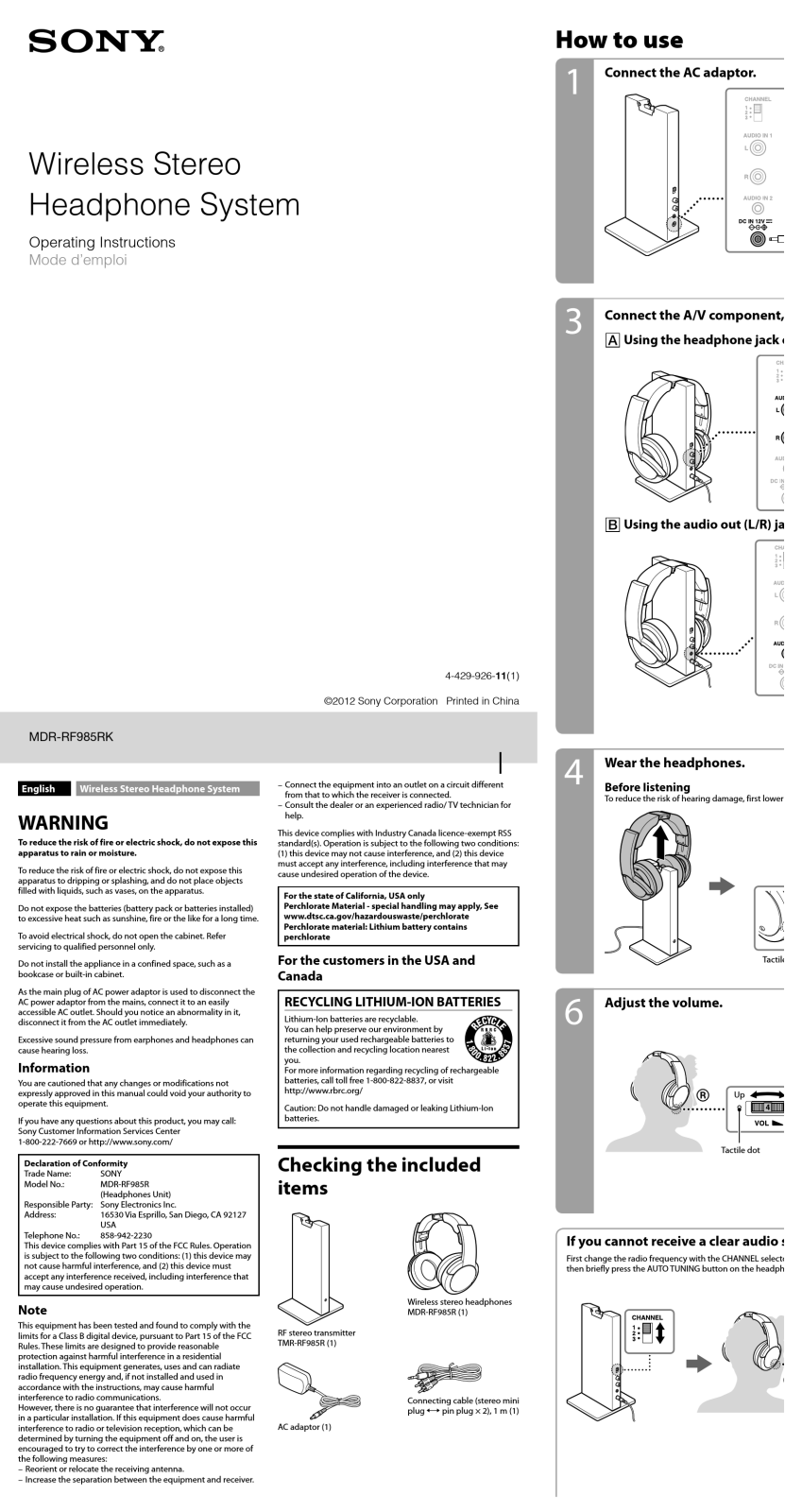 Sony MDR-RF985RK Operating Instructions