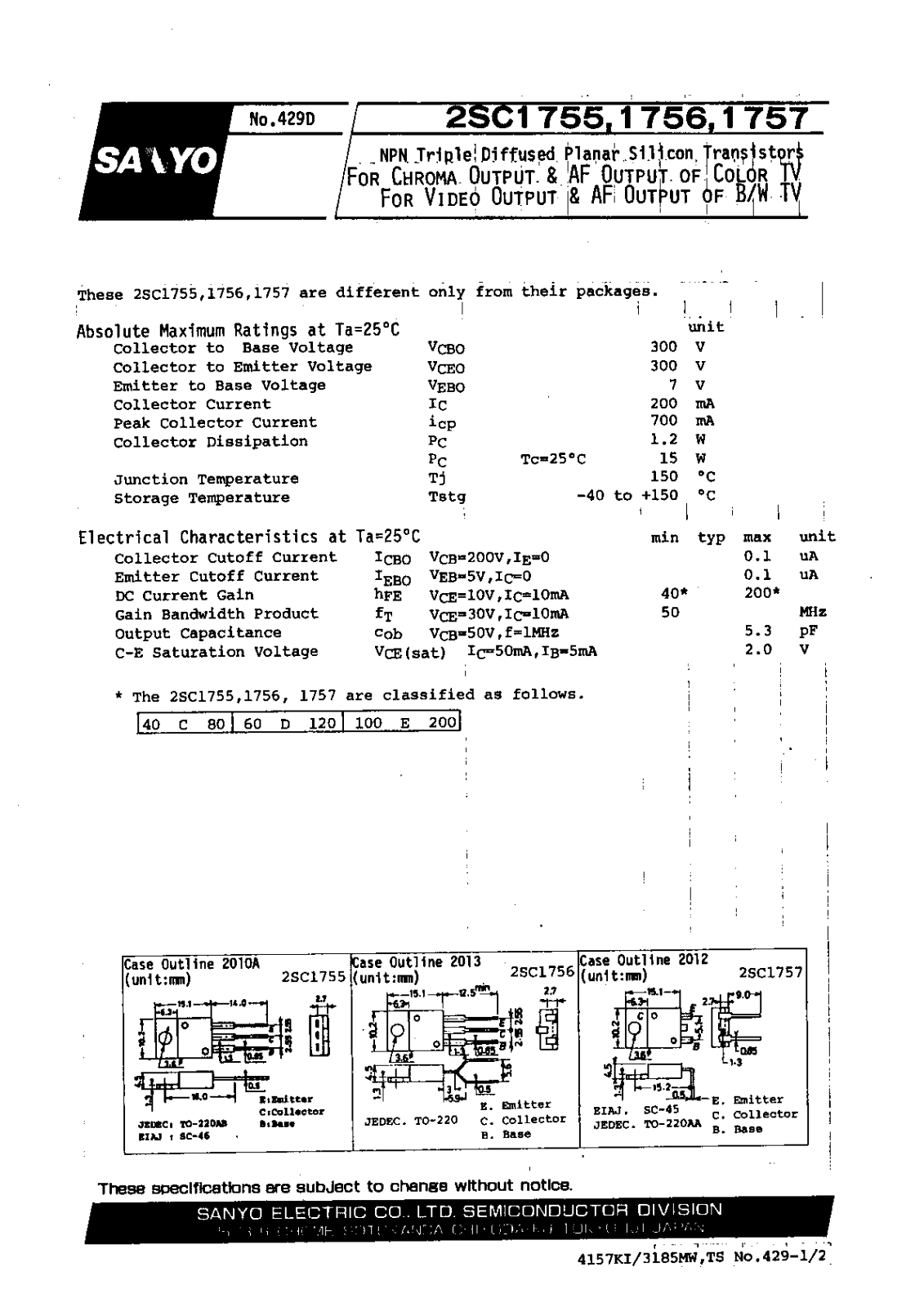 SANYO 2SC536N, 2SC1756, 2SC1755, 2SC1757 Datasheet