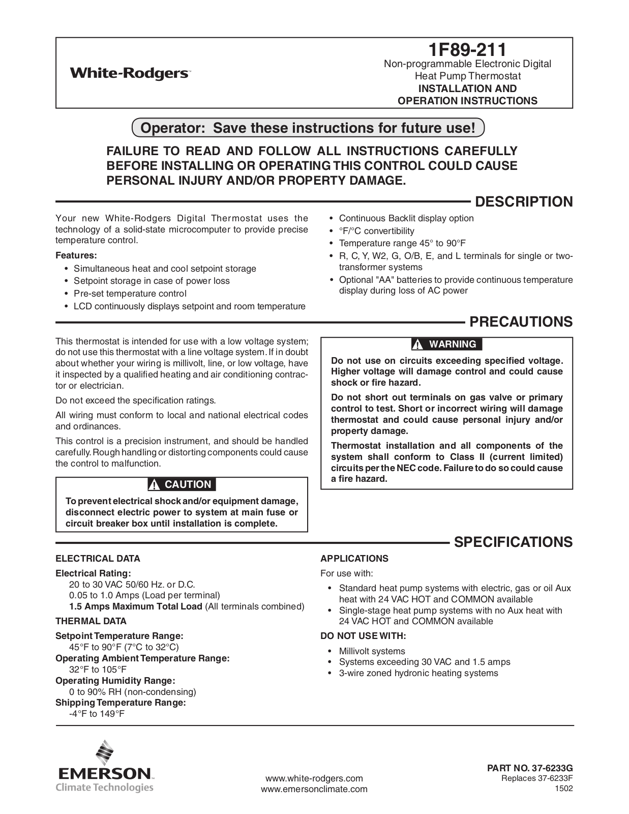 White Rodgers 1F89-211 Installation and Operation Instructions