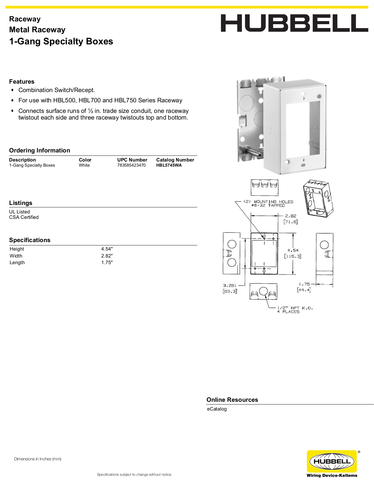 Hubbell HBL5745WA Specifications