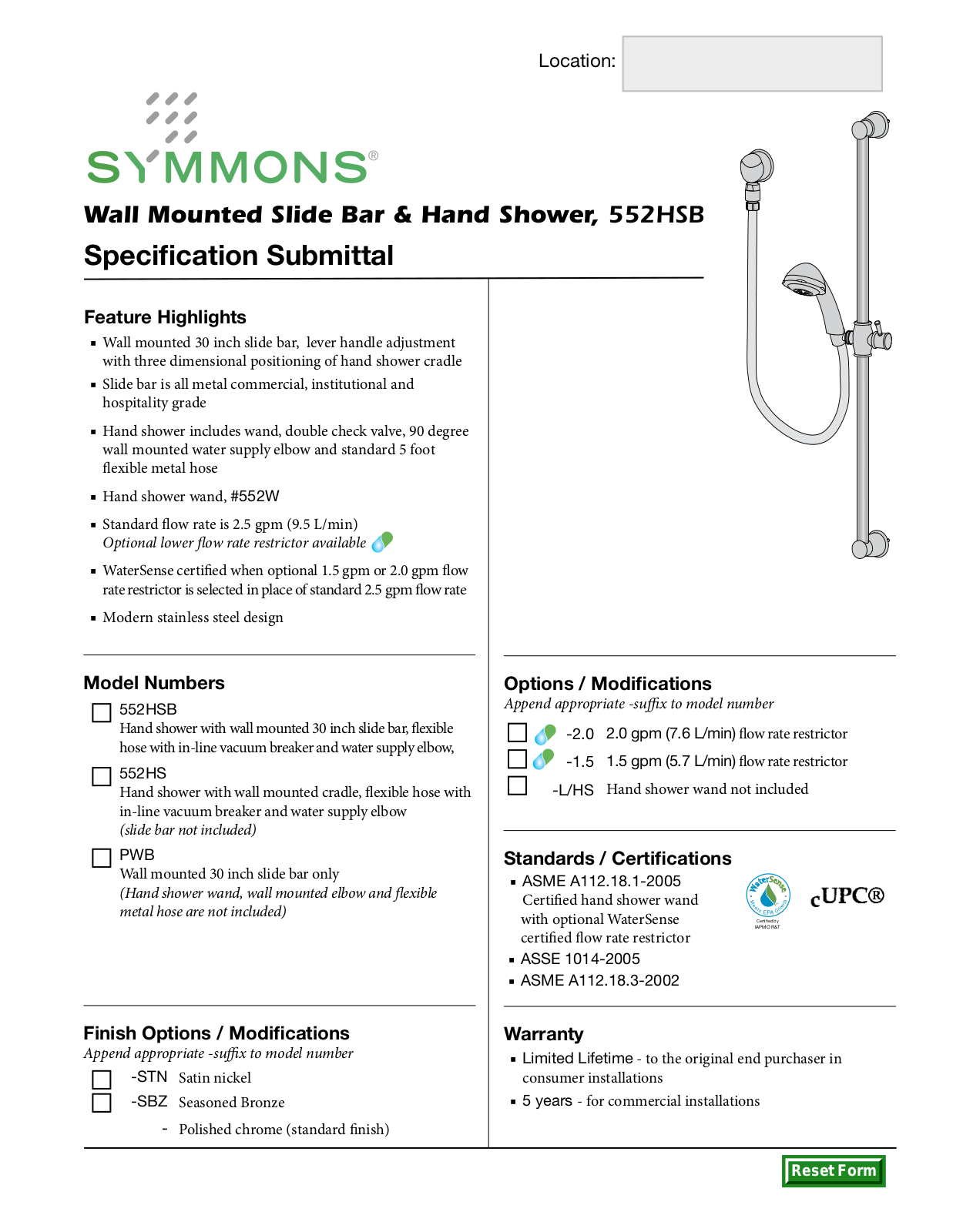 Symmons 552HSB User Manual