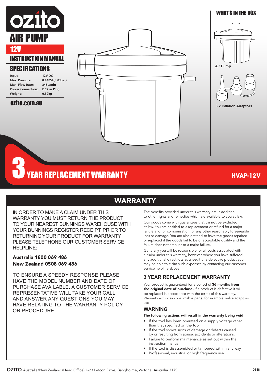 Ozito HVAP-12V Instruction Manual