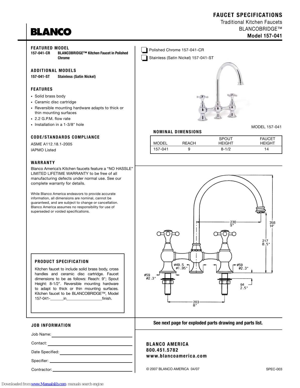 Blanco 157-041-CR, 157-041-ST Specification Sheet - ManualMachine.com