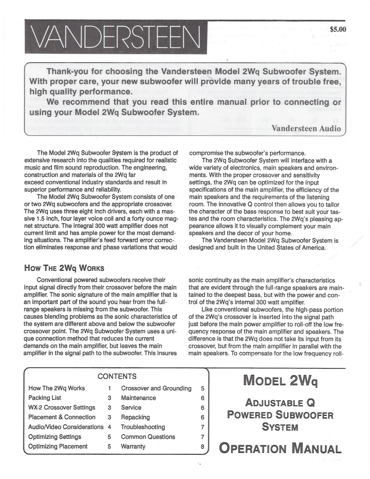 Vandersteen Audio 2WQ User Manual