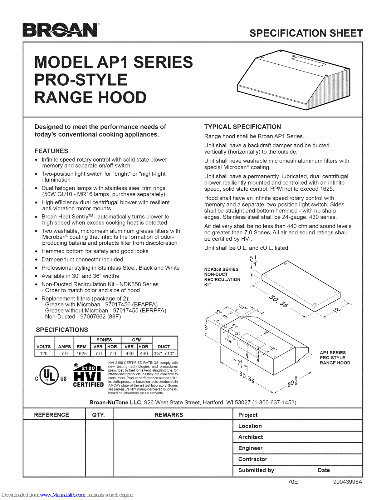 Broan AP1 Series Specification Sheet - ManualMachine.com