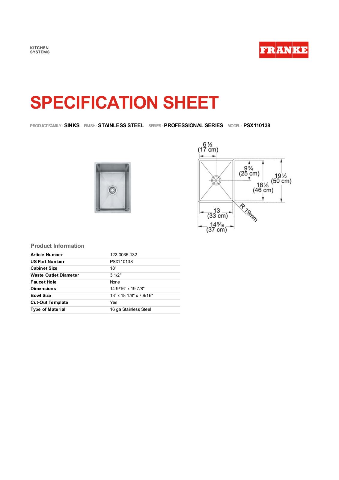 Franke Foodservice PSX110138 User Manual