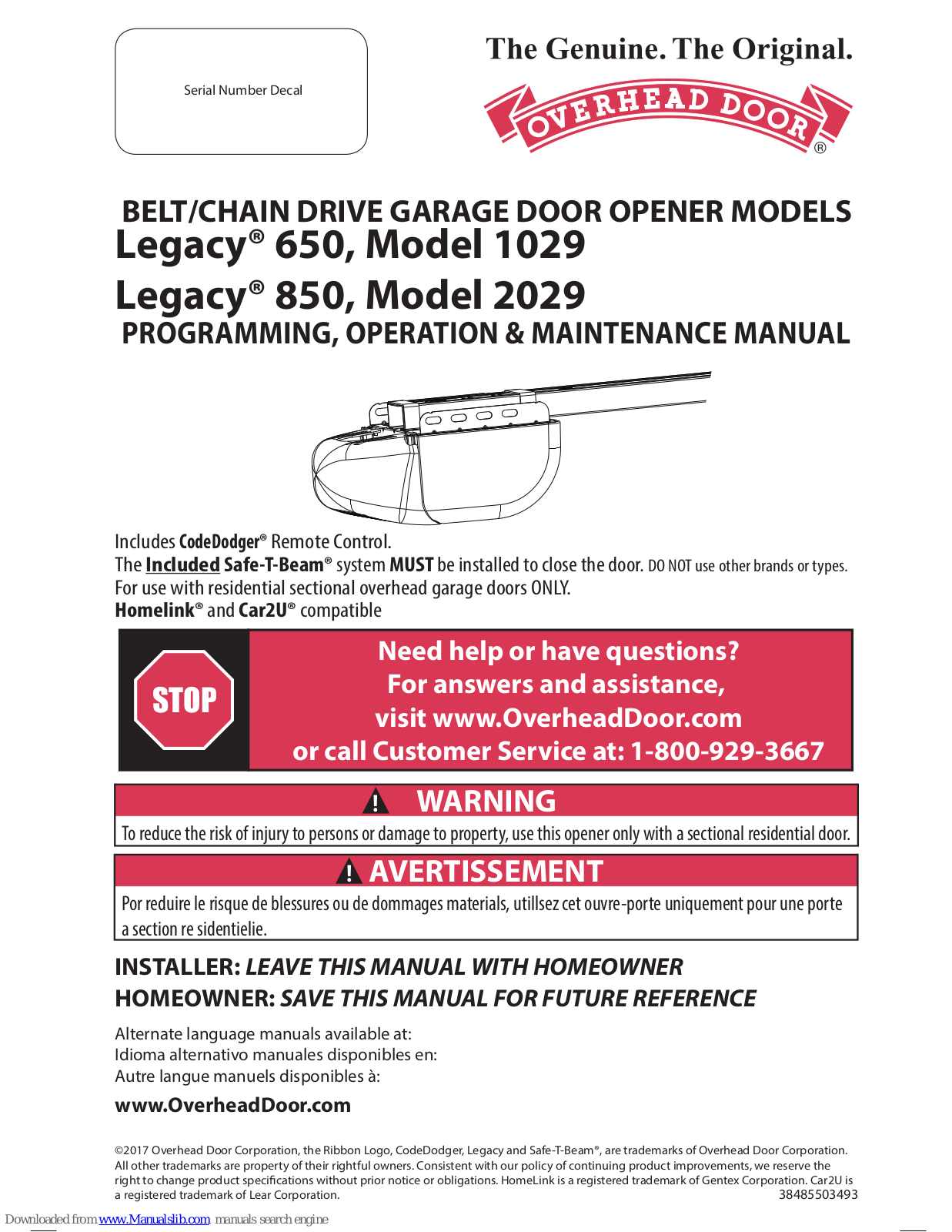 Overhead door legacy 650, legacy 850, 1029, 2029, Destiny 1500 Programming And Operating Manual