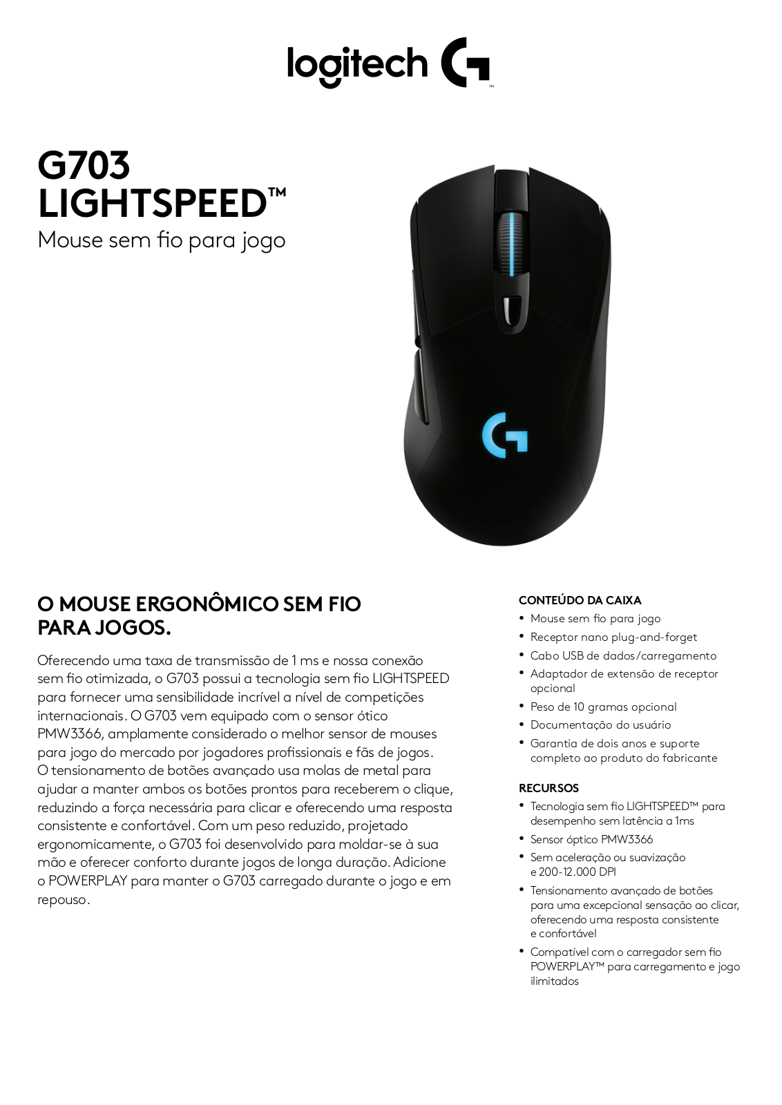 Logitech G703 LIGHTSPEED SPECIFICATIONS