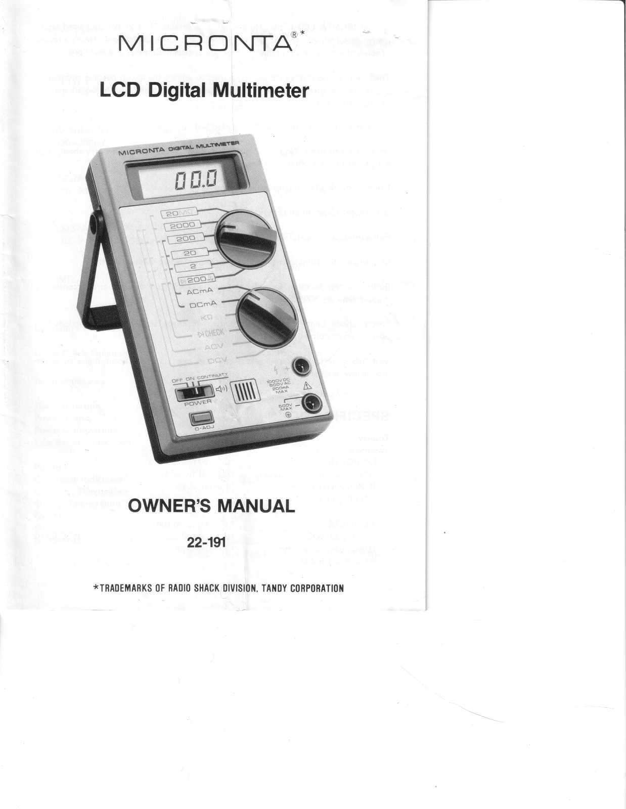 Radioshack MICRONTA 22-191 MULTIMETER Manual