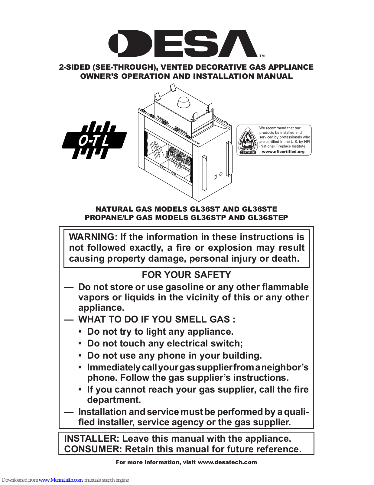 Desa GL36ST Owner's Operation And Installation Manual