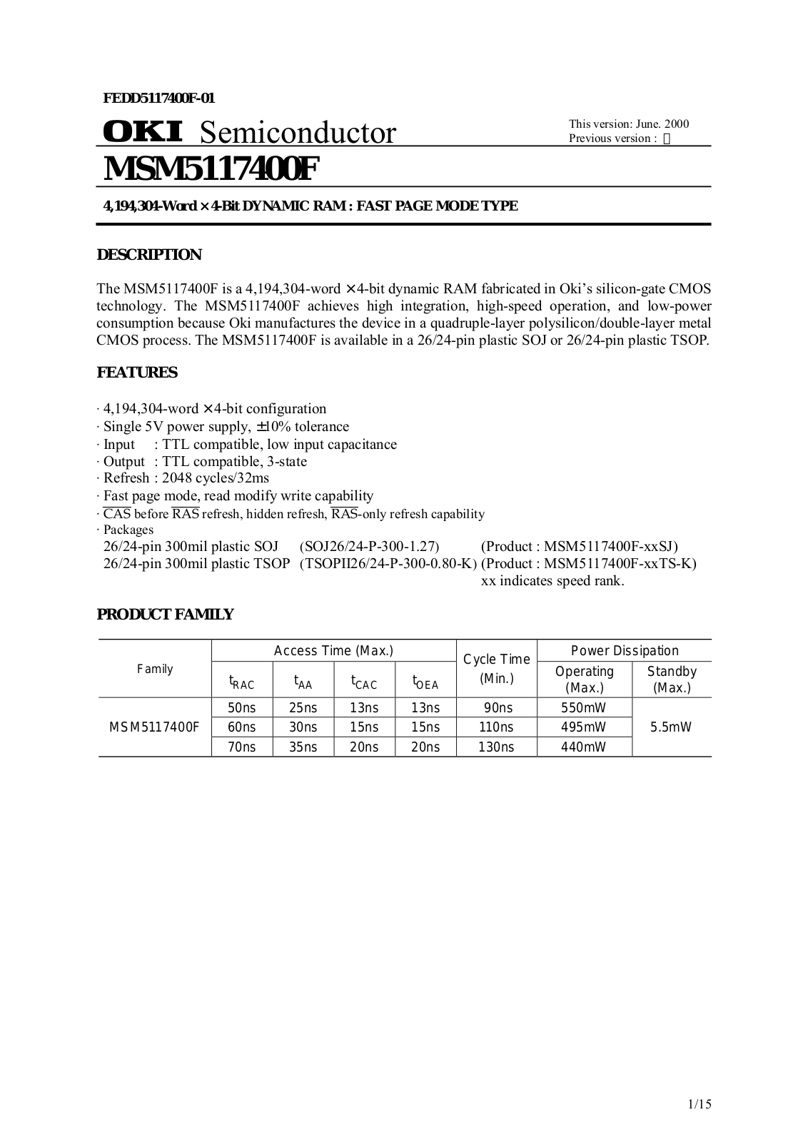 OKI MSM5117400F-70SJ, MSM5117400F-60SJ, MSM5117400F-50SJ, MSM5117400F-70TS-K, MSM5117400F-60TS-K Datasheet