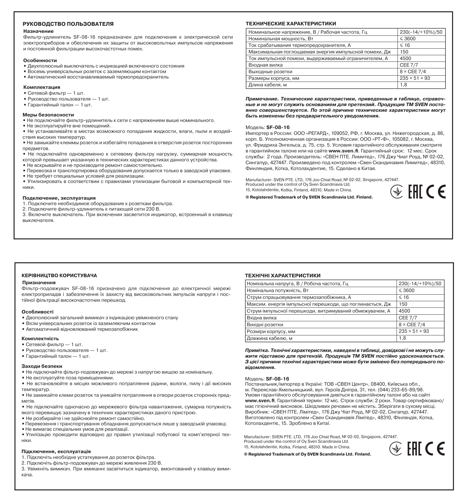 Sven SF-08-16 User Manual