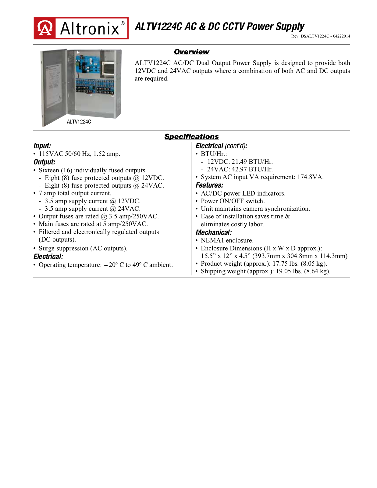 Altronix ALTV1224C Specsheet