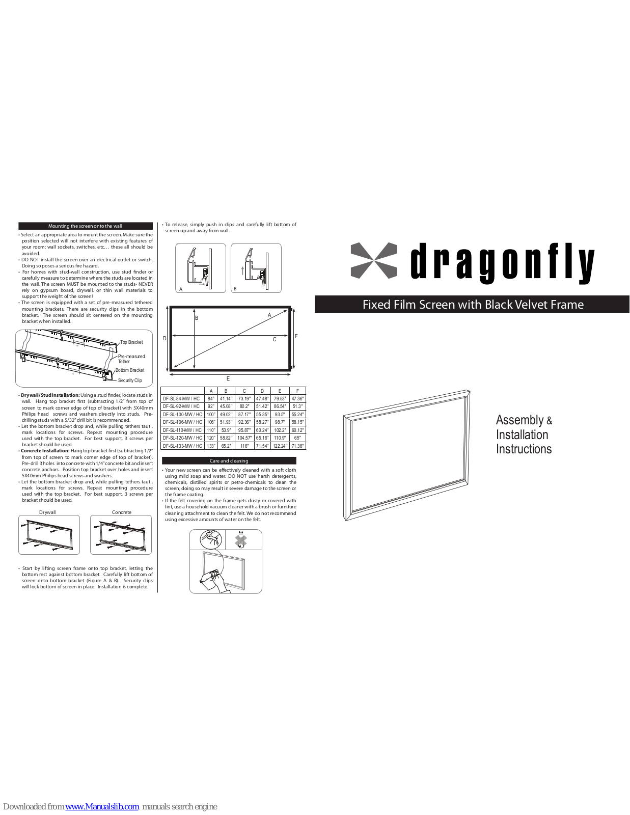 Dragonfly DF-SL-84-MW/HC, DF-SL-100-MW/HC, DF-SL-92-MW/HC, DF-SL-106-MW/HC, DF-SL-110-MW/HC Installation Instructions Manual