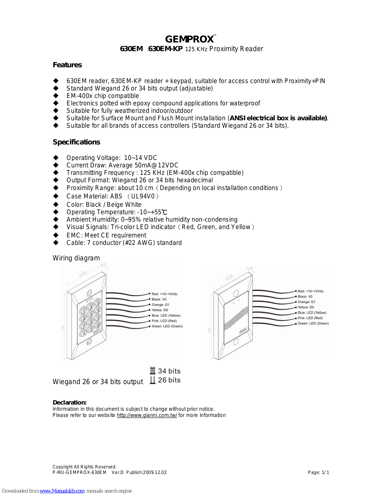 Gianni Industries Gemprox 630EM, GEMPROX 630EM-KP Specifications - ManualMachine.com