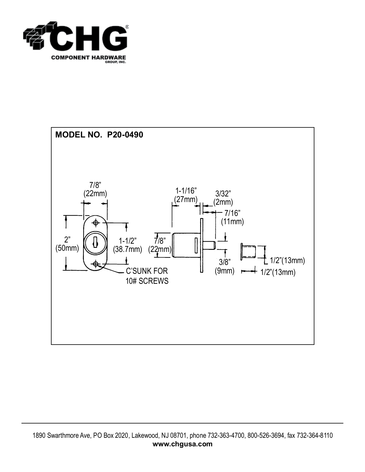 Component Hardware P20-0490 User Manual