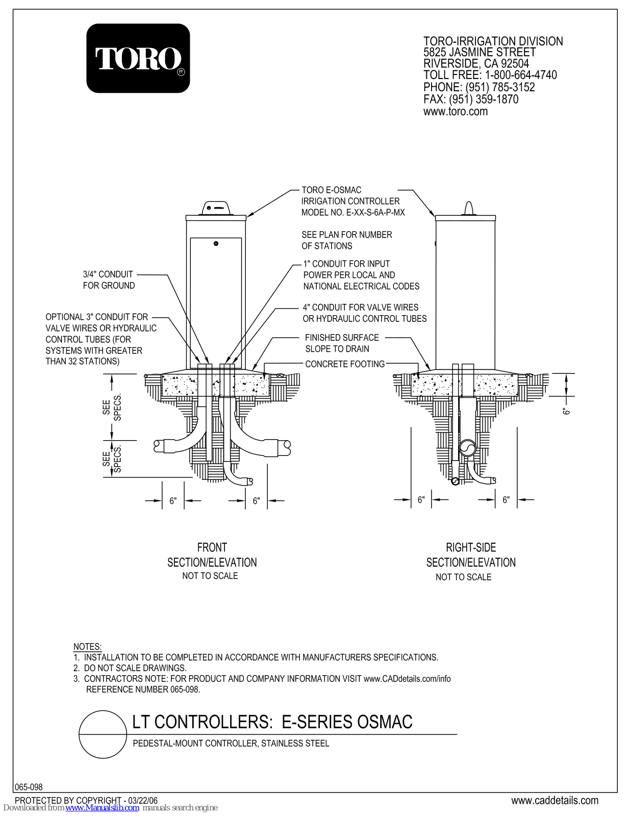 Toro OSMAC E-SERIES Specifications