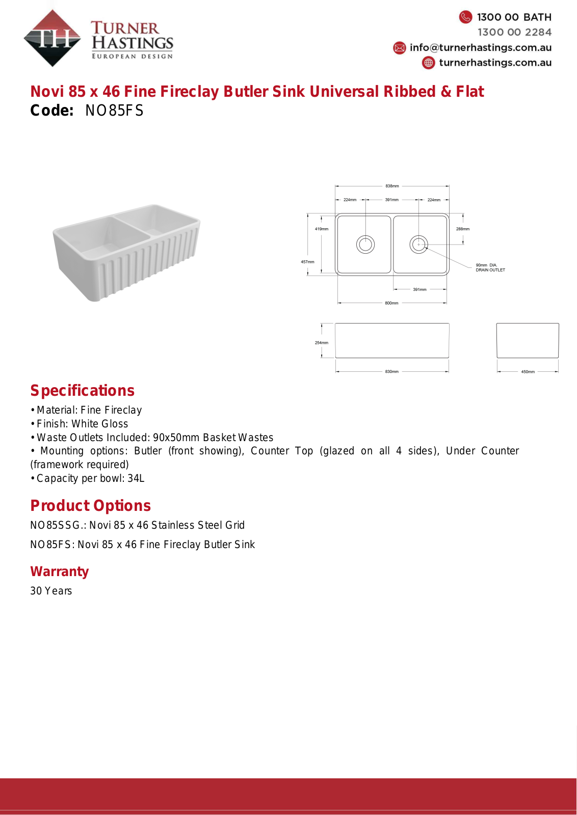 Turner Hastings NO85FS Specifications Sheet