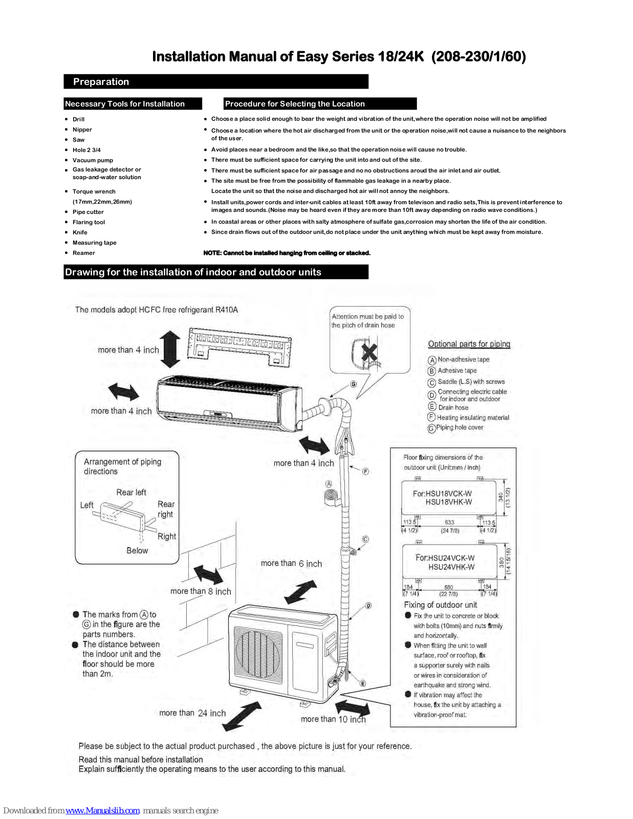 Haier HSU18VHK-W, HSU24VHK-W, HSU18VCK-W, HSU24VCK-W Installation Manual