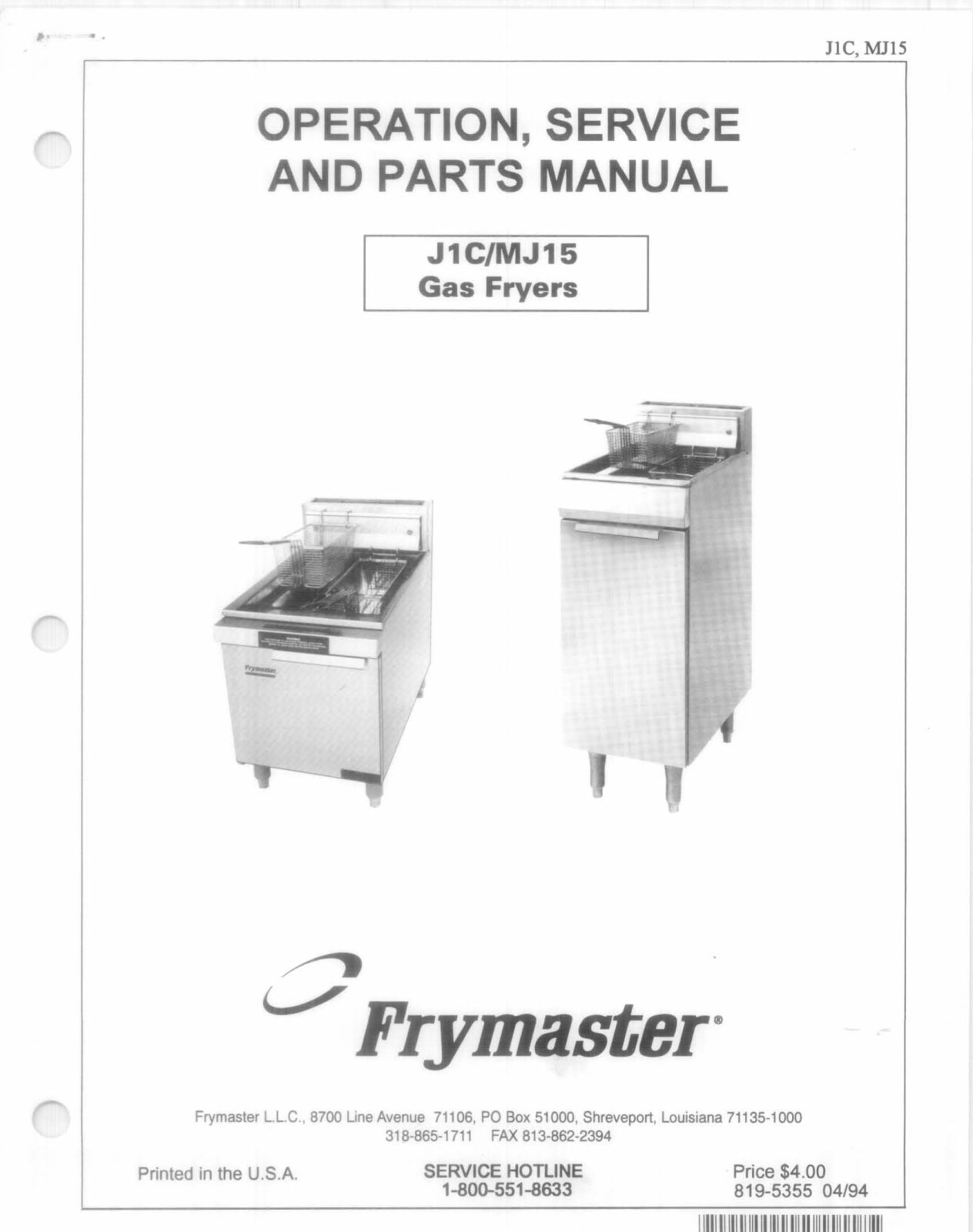 Frymaster J1C, MJ15 User Manual