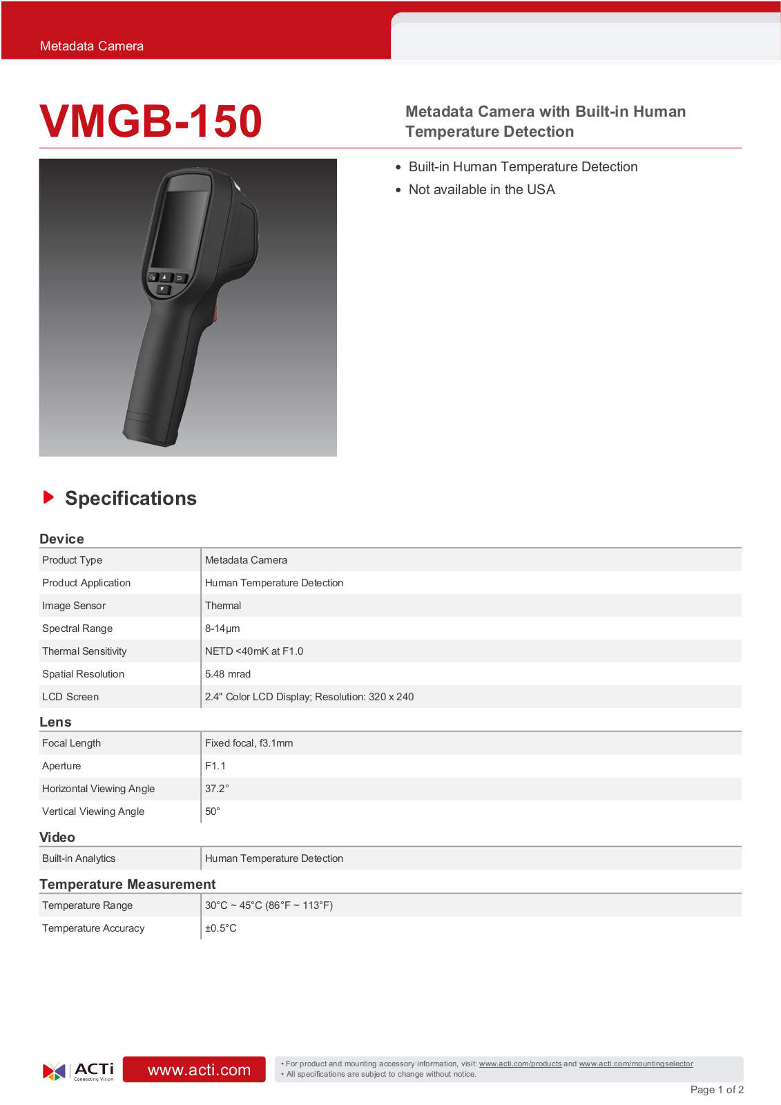 ACTi VMGB-150 Specsheet