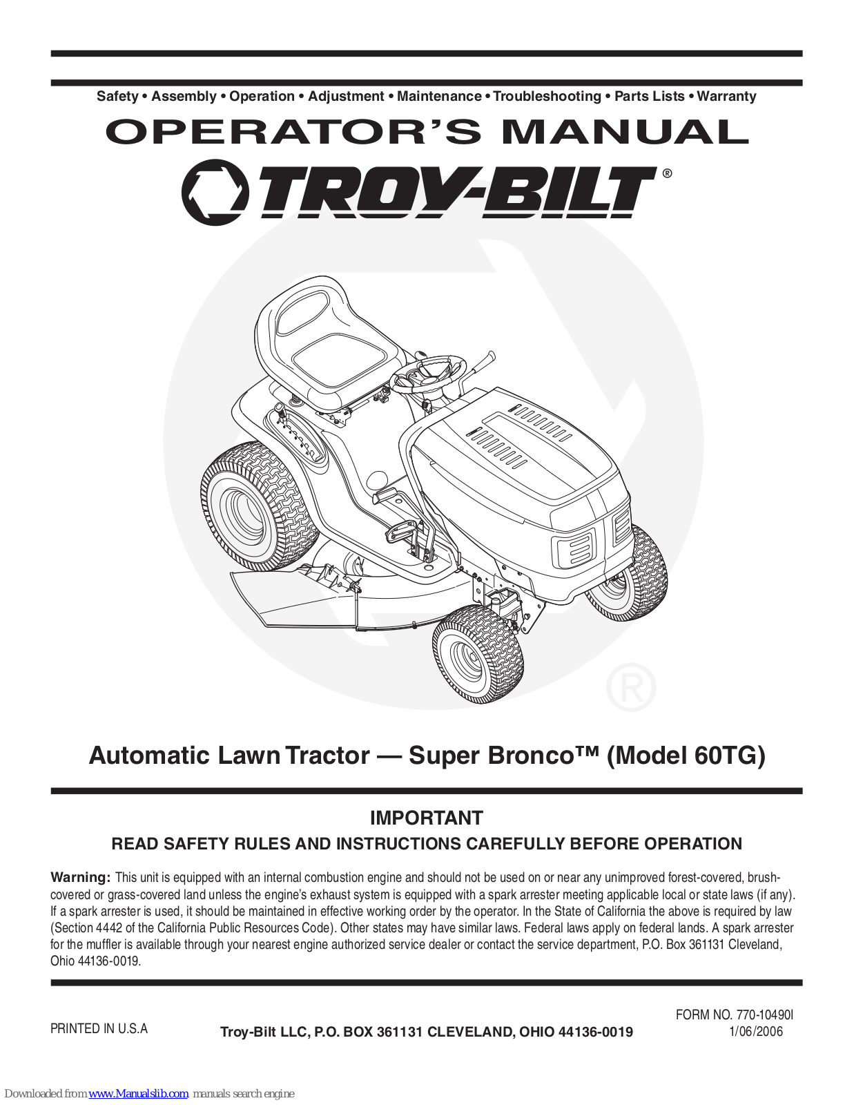 Troy-Bilt Super Bronco 60TG Operator's Manual