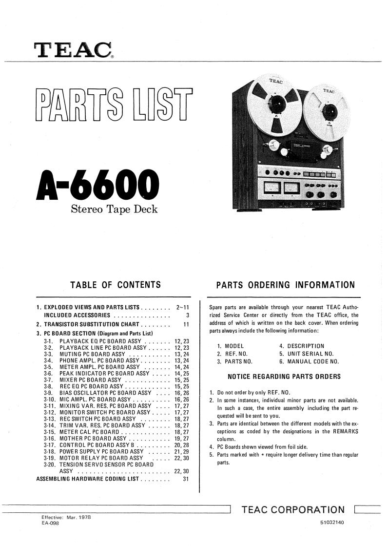 Teac A-6600 Parts List