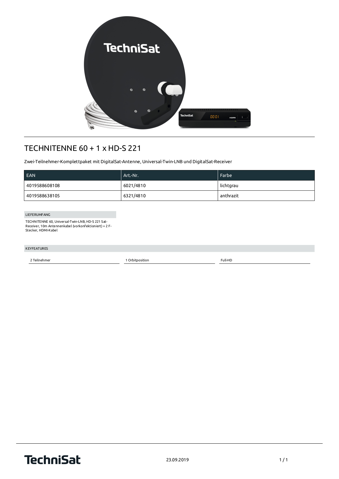 TechniSat TECHNITENNE 60 + 1 x HD-S 221 Technische details