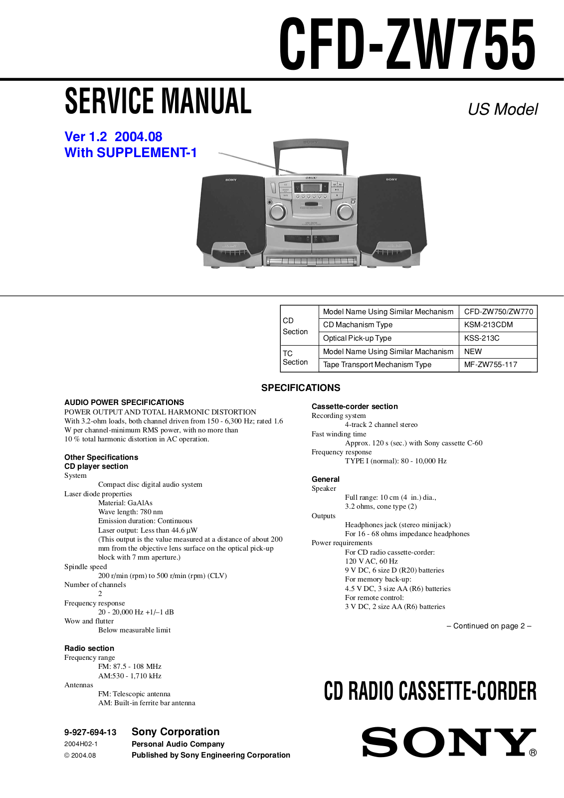 SONY CFS DW30, CFS 515S Service Manual