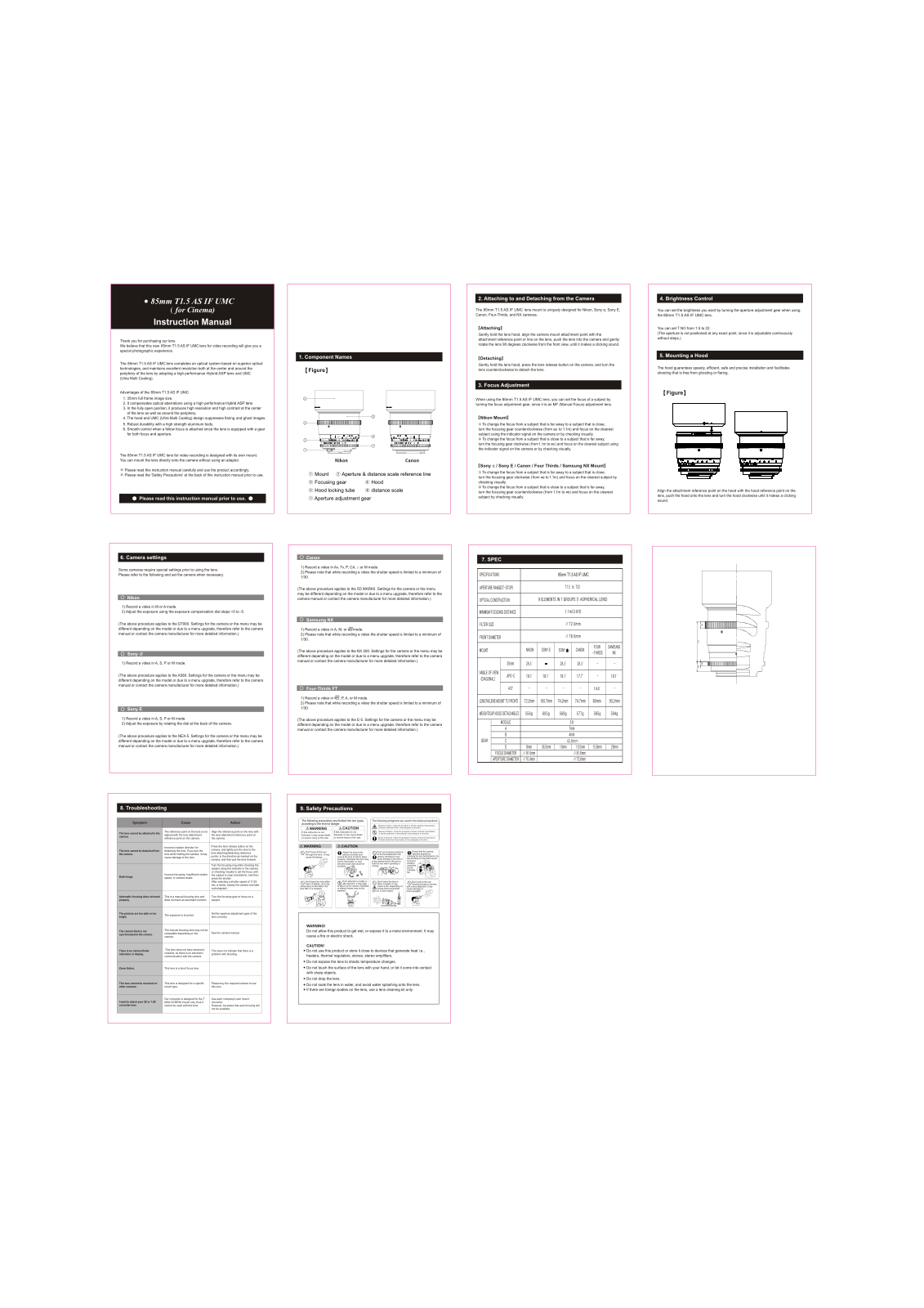 Samyang SYCV85MN, SYCV85MS, SYCV85M-MFT, SYCV85MC User manual