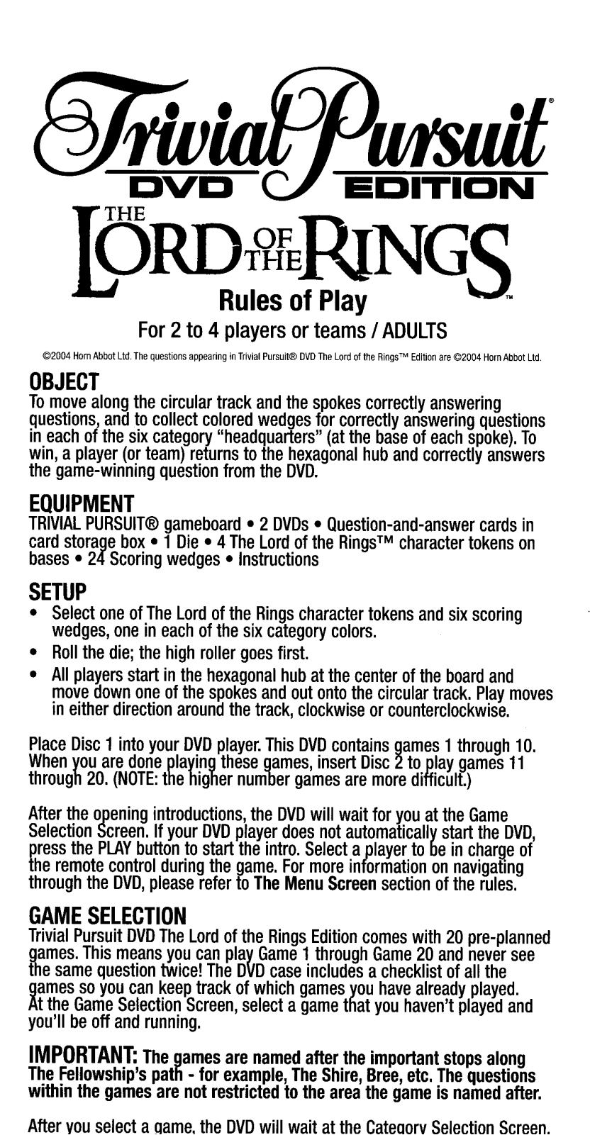 HASBRO Trivial Pursuit Lord of the Rings DVD Edition User Manual