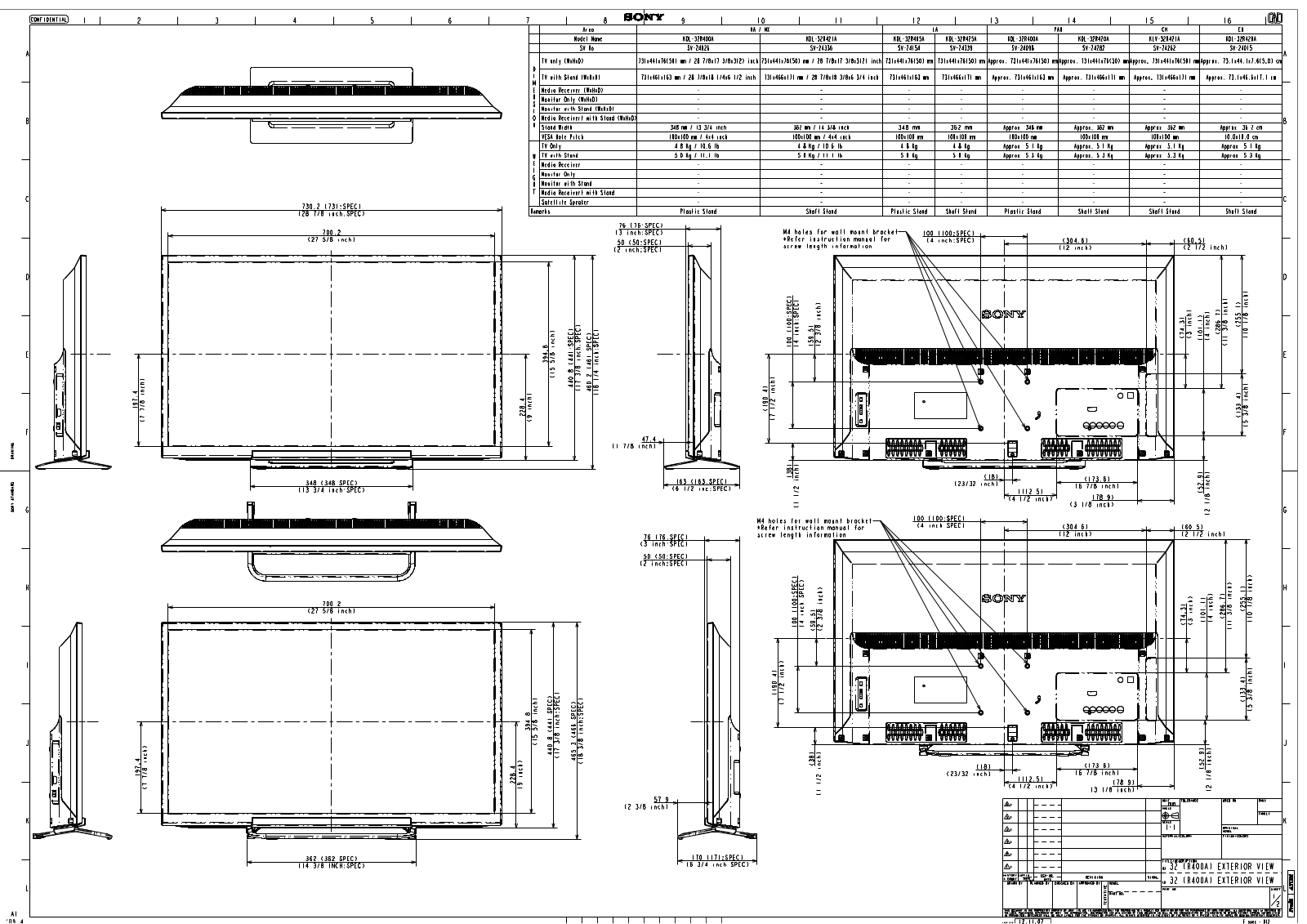 Sony KDL-32R400A Dimensions Diagram