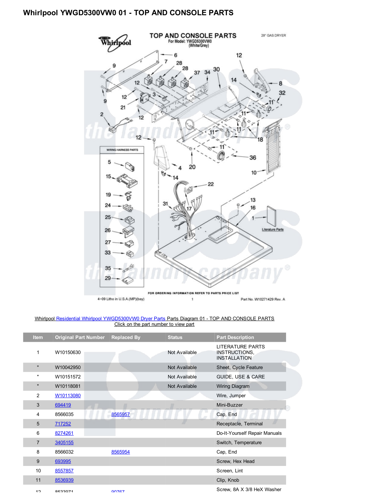 Whirlpool YWGD5300VW0 Parts Diagram