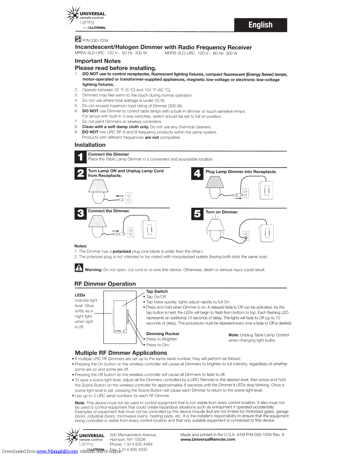 Universal Remote Control MRFA-3LD-URC, MRFB-3LD-URC Installation Manual - ManualMachine.com