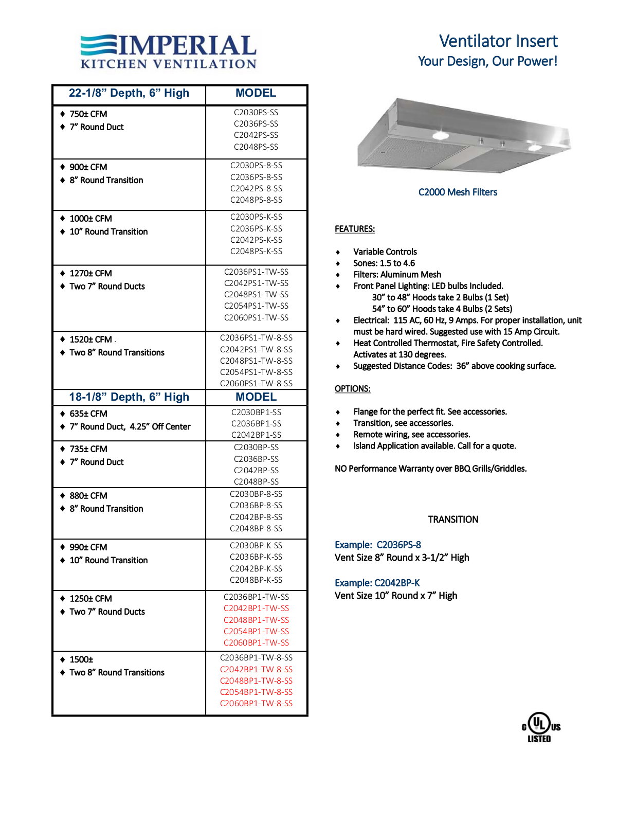 Imperial C2060BP1TWSS, C2048BP1TW8SS, C2054BP1TW8SS, C2042BP1TW8SS, C2060BP1TW8SS Specifications