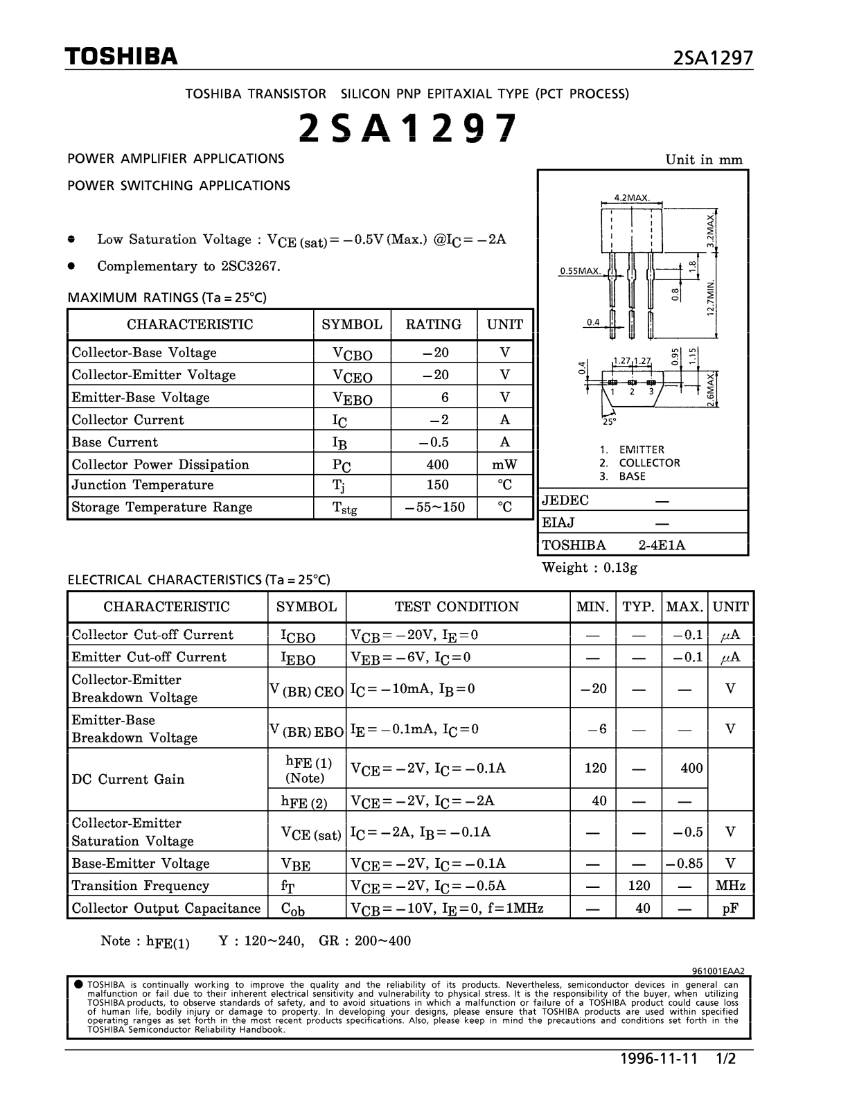 TOSHIBA 2SA1297 Technical data