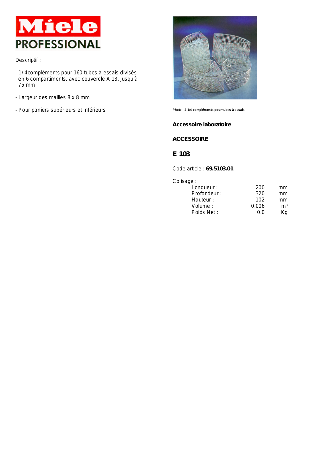 MIELE E 103 DESCRIPTIF User Manual