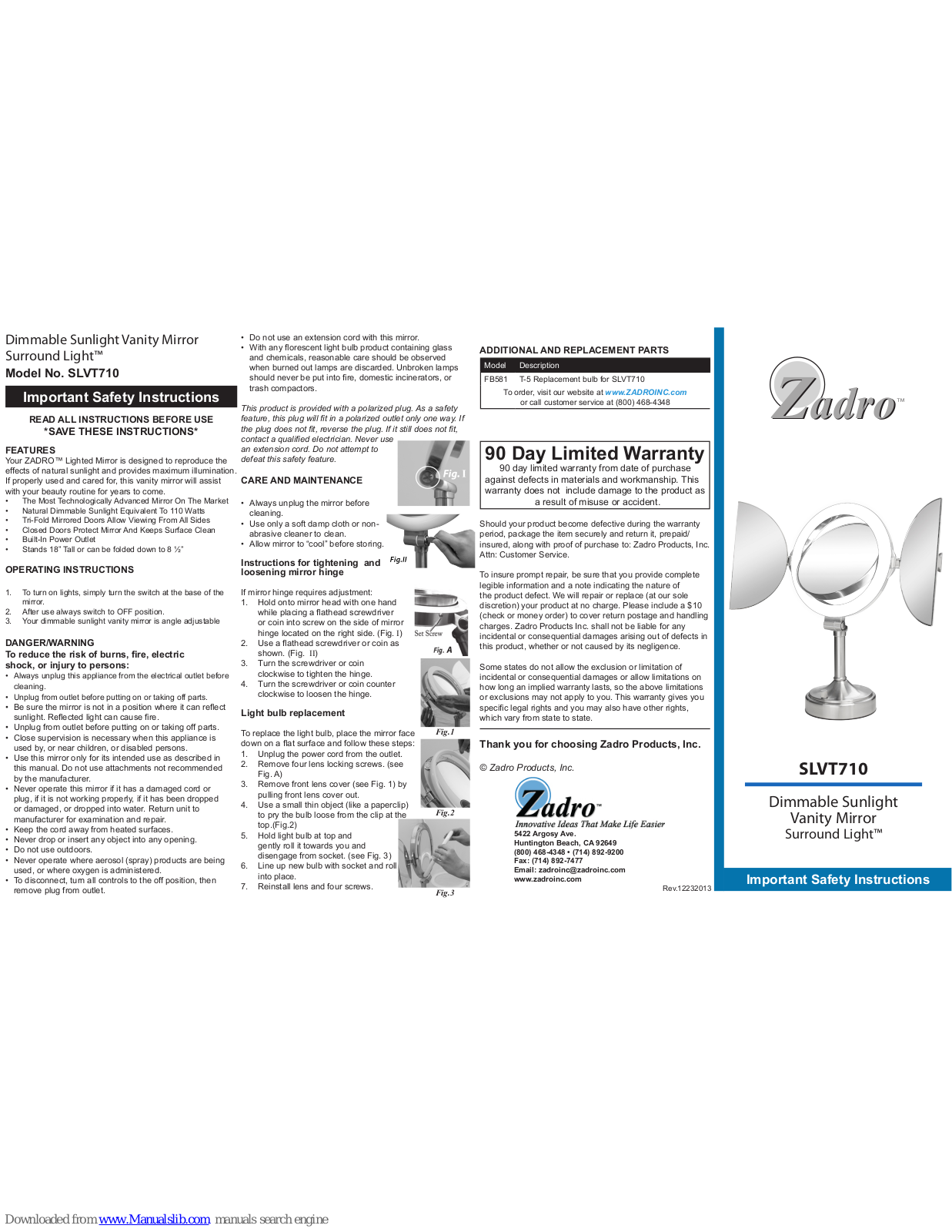 Zadro SLVT710 Operating Instructions