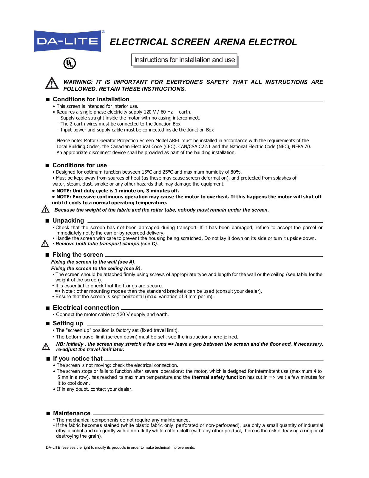 Da-Lite Arena Electrol User Manual