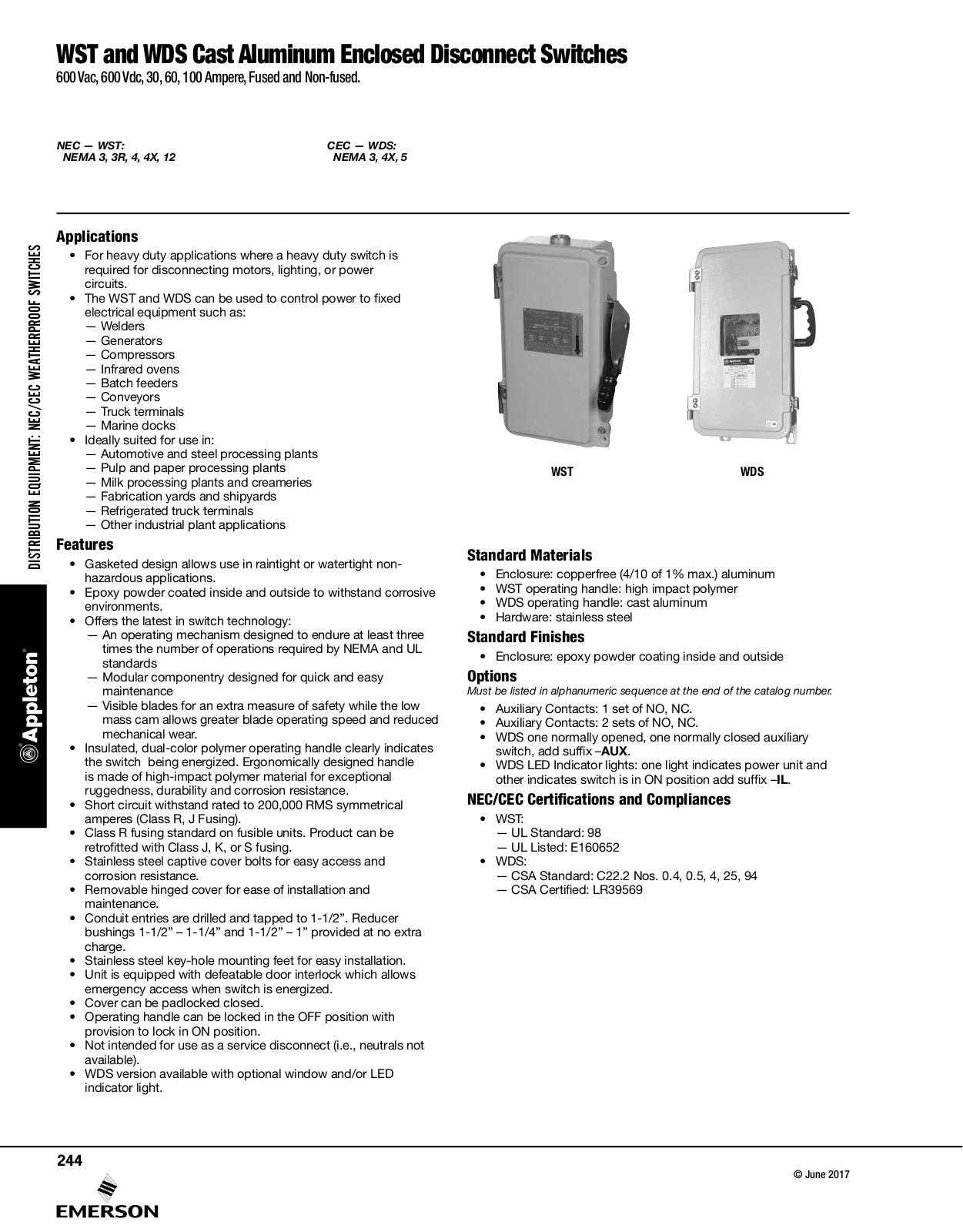 Appleton WST Cast Aluminum Enclosed Disconnect Switches, WDS Cast Aluminum Enclosed Disconnect Switches Catalog Page