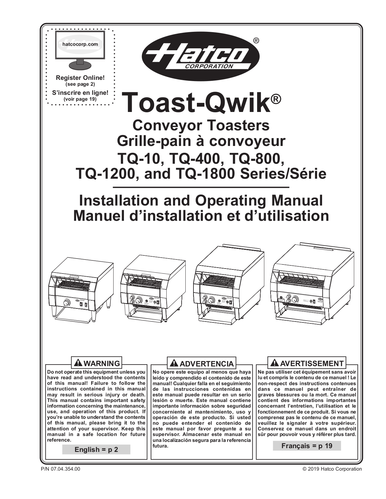 Hatco TQ-10, TQ-400, TQ-405, TQ-400H, TQ-400BA Installation And Operating Manual