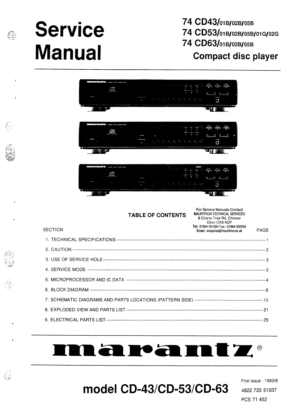 MARANTZ CD43, CD53, CD63 Service Manual