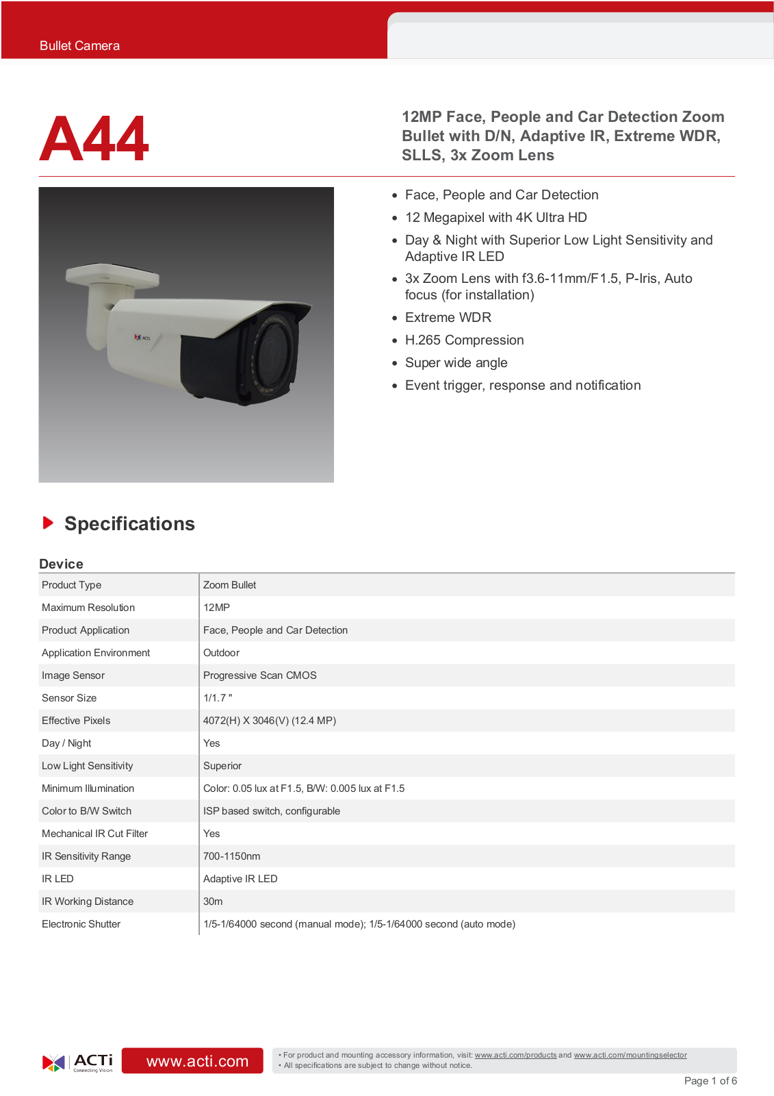 ACTi A44 Specsheet