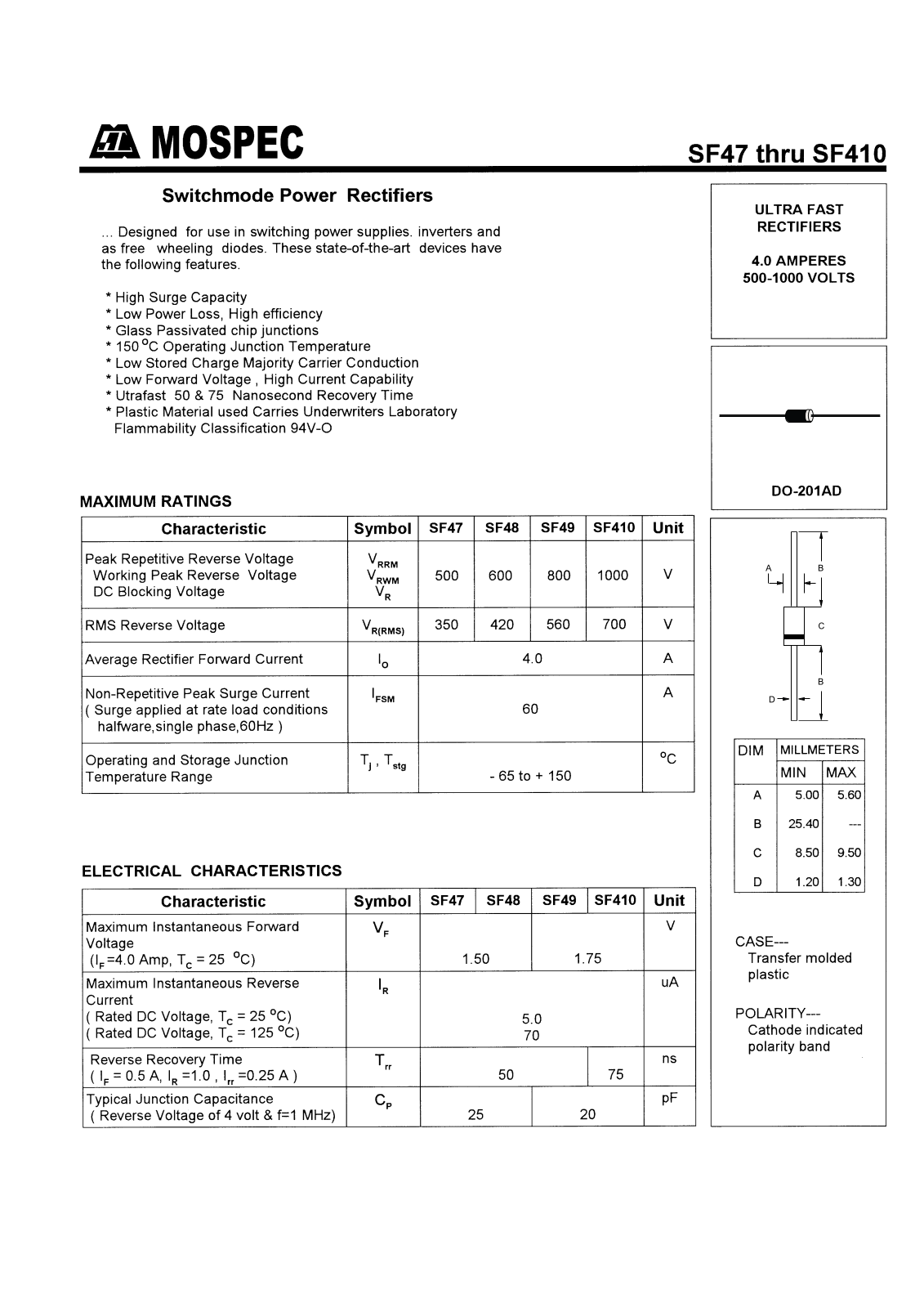 MOSPEC SF410, SF47, SF48, SF49 Datasheet