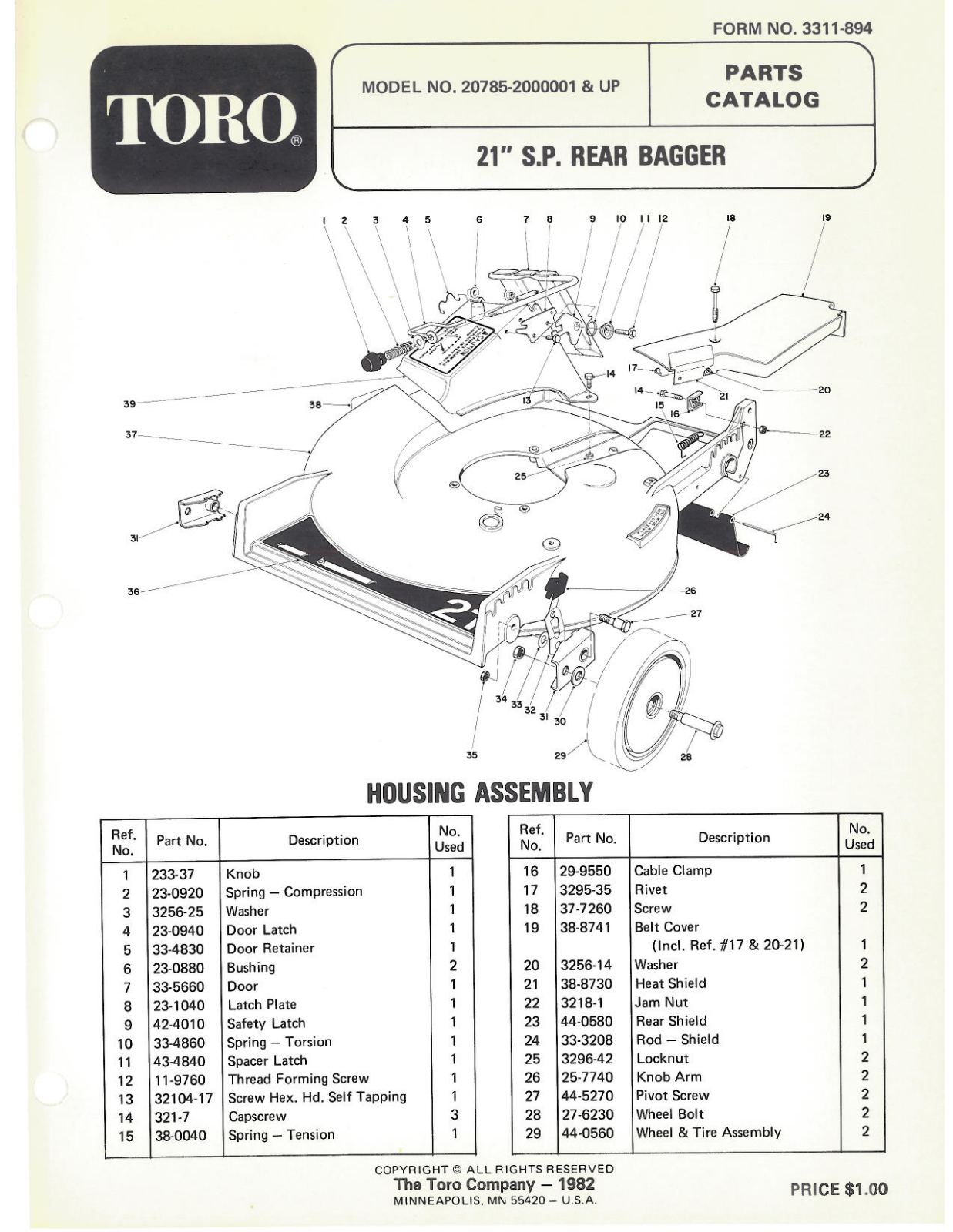 Toro 20752, 20785 Parts Catalogue